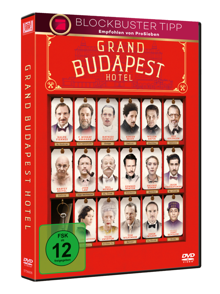 Die Grand Budapest Hotel DVD-Hülle mit Gesichtern von Schauspielern und rotem Hintergrund.