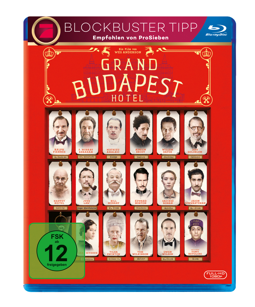 Grand Budapest Hotel Blu-ray Cover. Roter Hintergrund, Castfotos und Filmtitel. Inklusive Bewertung und Logo.