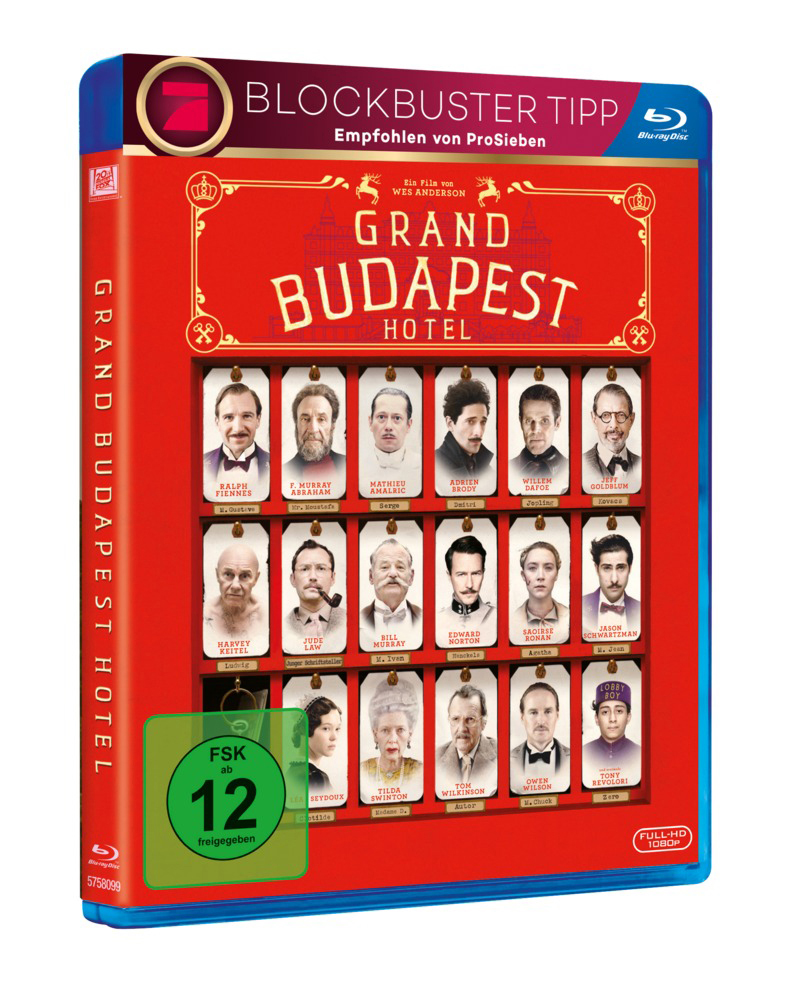 Grand Budapest Hotel Blu-ray-Hülle, rot mit Gesichtern von Charakteren und Filmtitel.