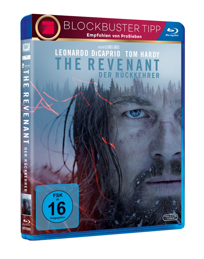 DVD-Hülle von 'The Revenant' mit Leonardo DiCaprio, Tom Hardy, weißer Hintergrund.