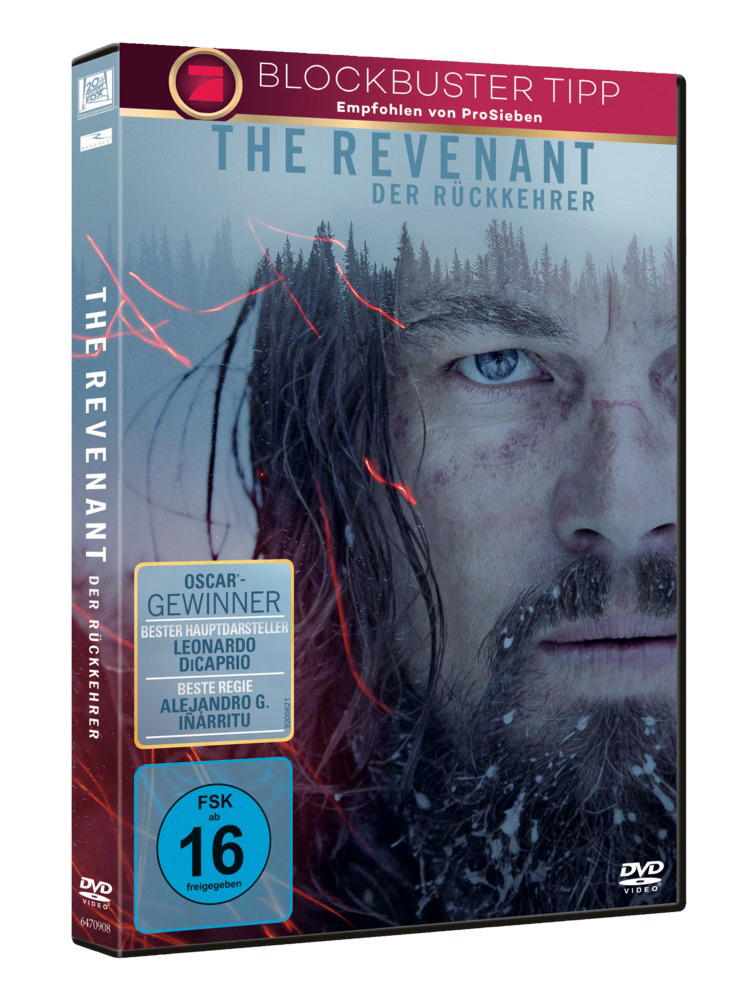 The Revenant DVD-Cover mit Leonardo DiCaprios Gesicht. Das Cover enthält Filmtitel und Altersfreigabe.