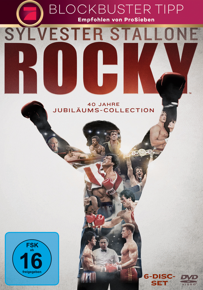DVD-Cover von 'Rocky' mit Sylvester Stallone und einer Collage von Bildern aus dem Film.
