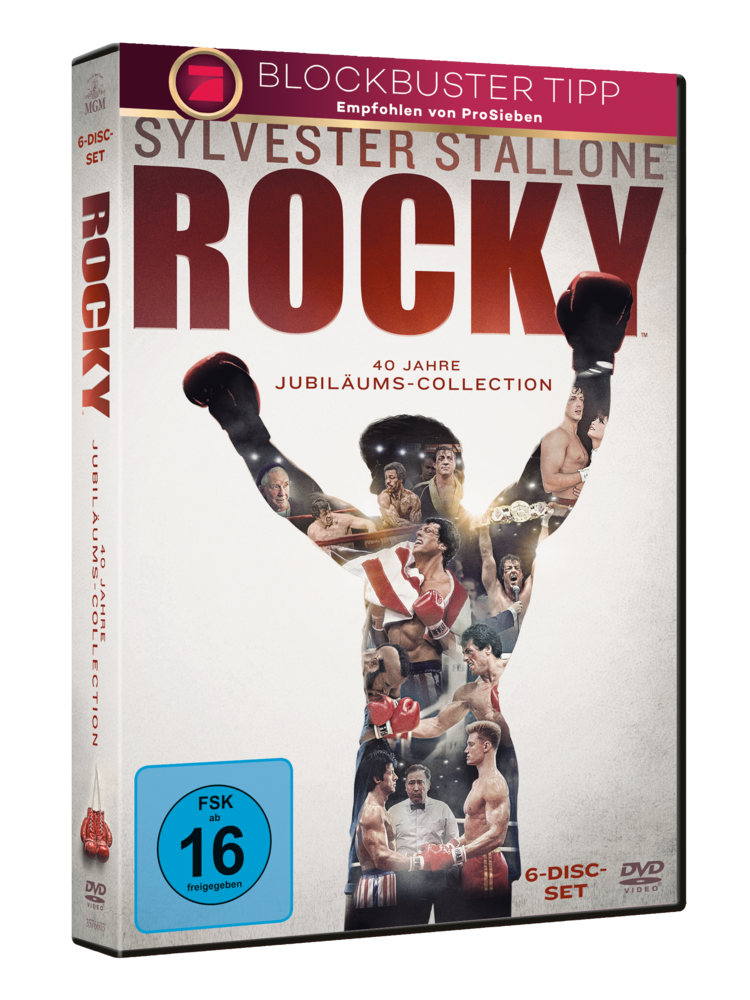 DVD-Cover von Rocky. Sylvester Stallone in Boxpose, mit Text und Bildern.