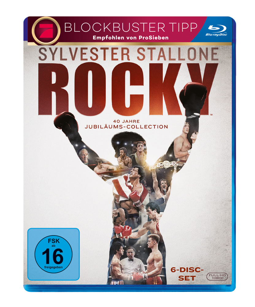 Rocky-Filmcover. Sylvester Stallone mit erhobenen Armen. Bildmontage. Text unten.