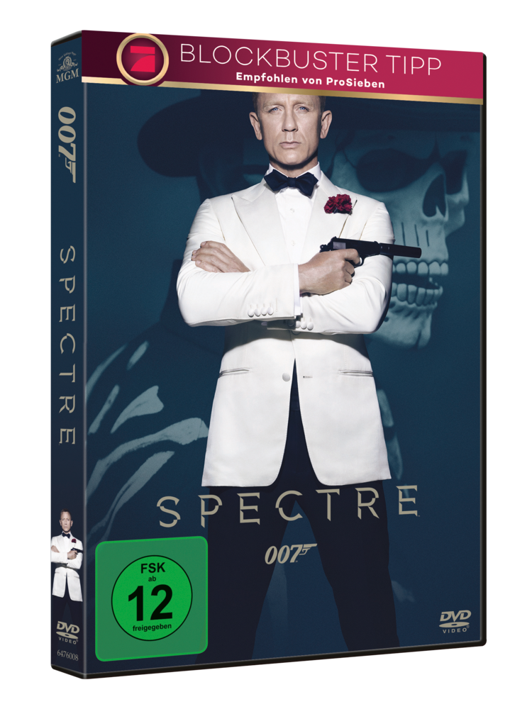 DVD-Hülle von Spectre mit Daniel Craig in weißem Anzug, hält eine Waffe.