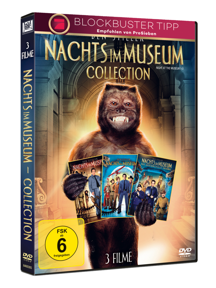 DVD-Hülle für Nachts im Museum Collection mit Affe und Filmen.