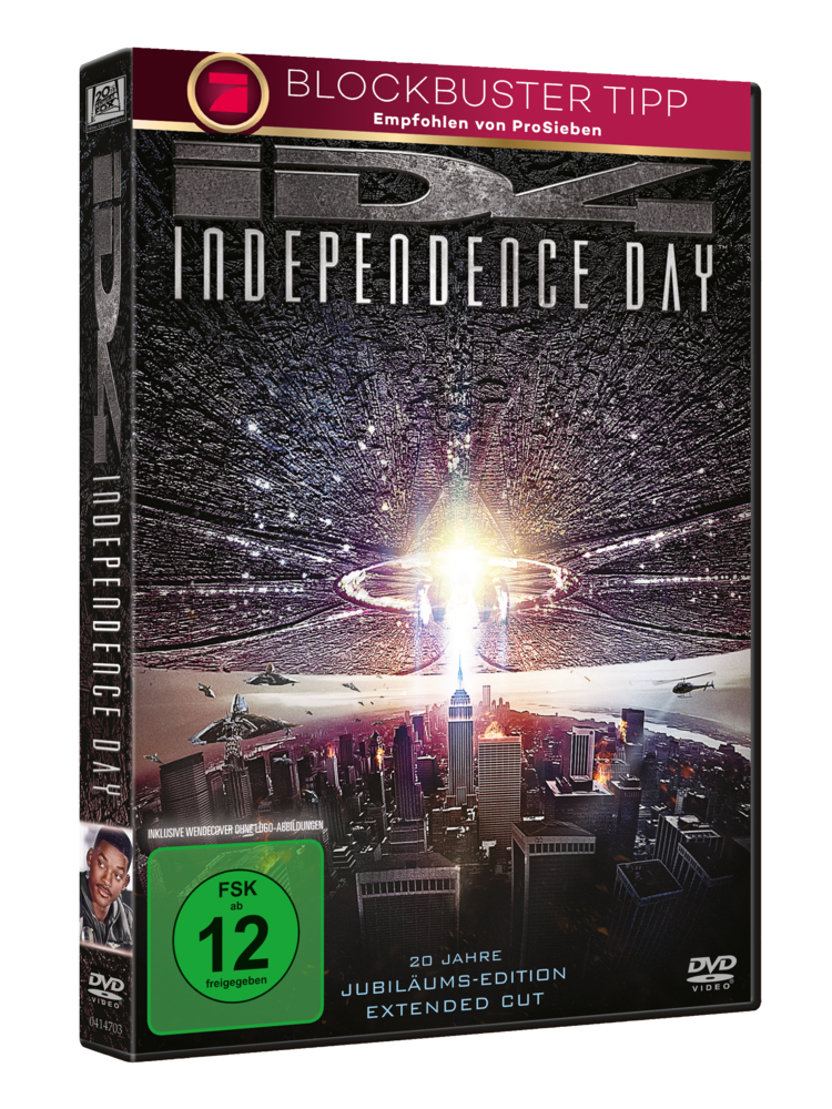DVD-Hülle des Films Independence Day. Zeigt eine Stadt, die von Raumschiffen angegriffen wird.