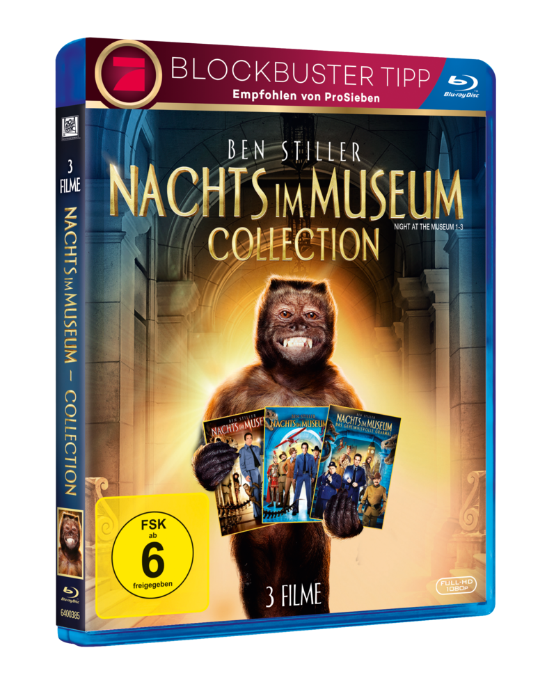 Blu-ray-Cover der Nacht im Museum-Sammlung. Bär, der Filmcover hält.