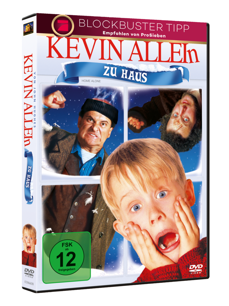 DVD-Cover von "Kevin allein zu Haus". Kind mit Händen im Gesicht, ängstlich. Andere Schauspieler und Schnee.