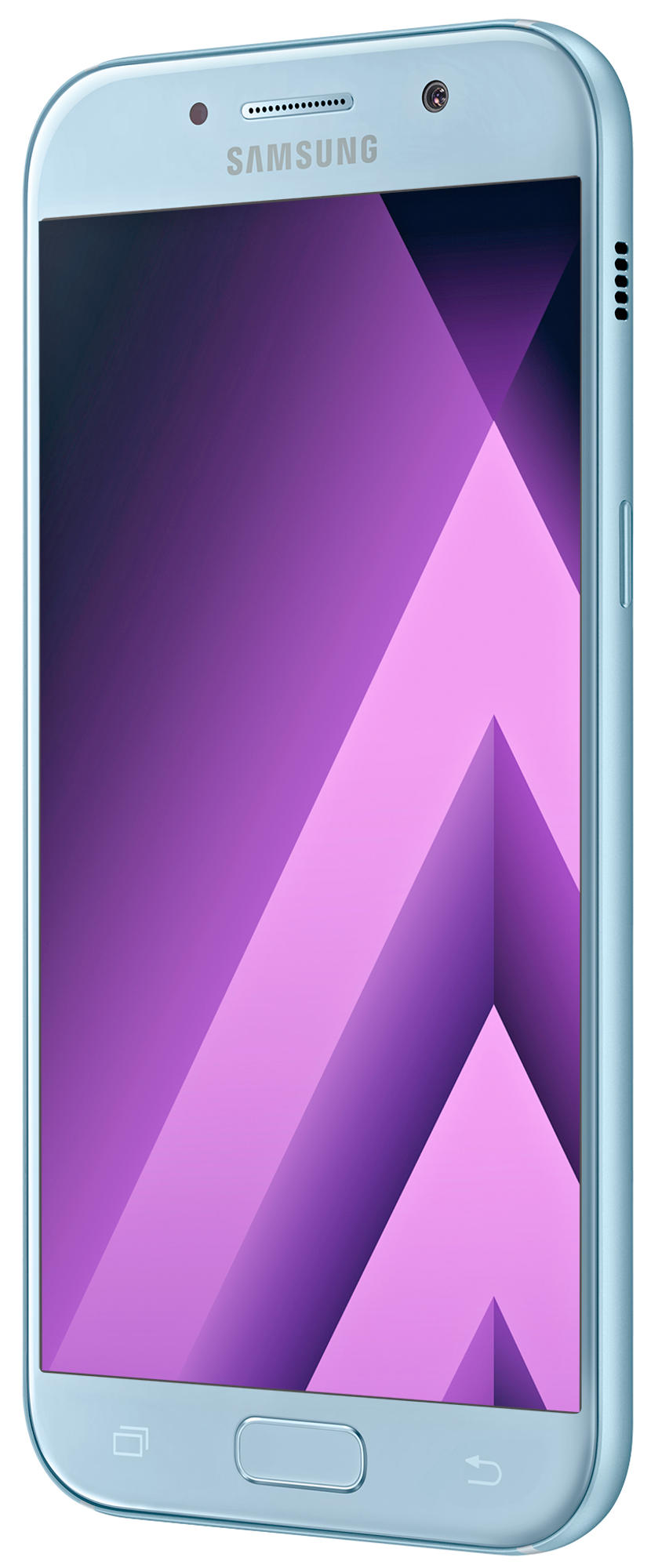 Hellblaues Samsung-Smartphone mit Frontkamera, das ein abstraktes Design in Lila und Blau zeigt.