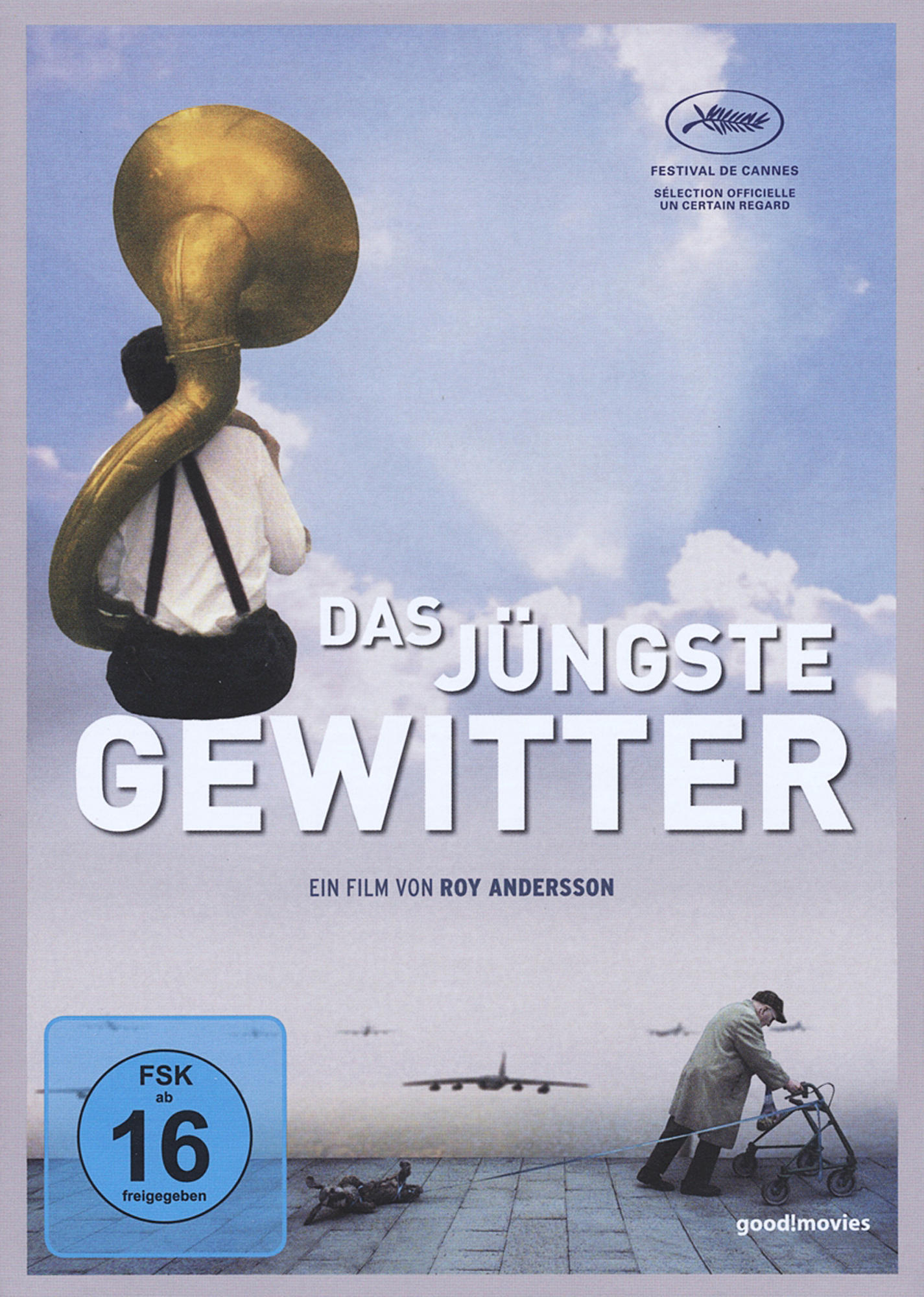 Filmcover: Ein Mann mit Tuba über der Schulter und Menschen im Hintergrund. Titel: Das jüngste Gewitter.