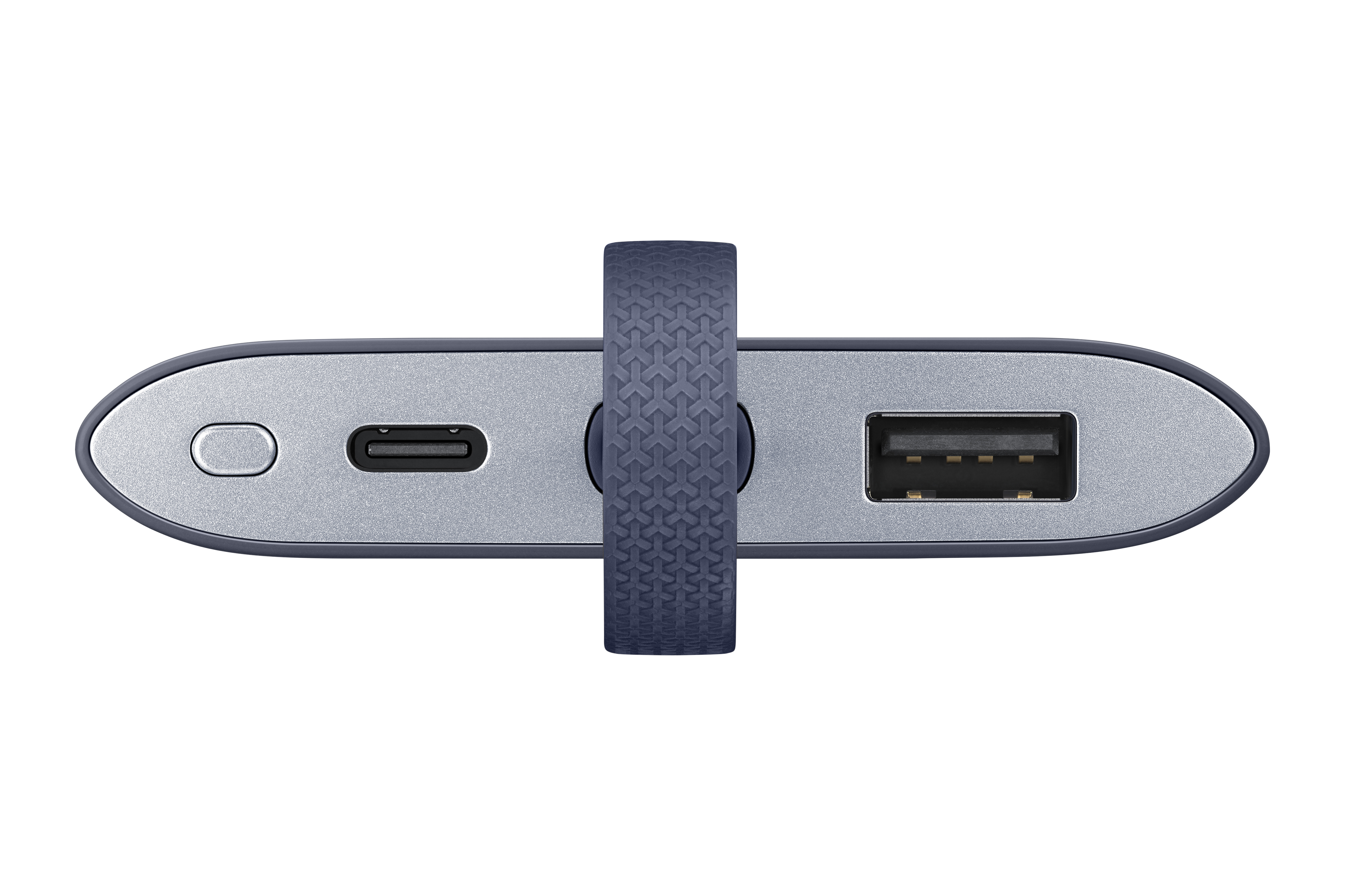 Eine blaue und silberne Powerbank mit Riemen und USB- und USB-C-Anschlüssen.