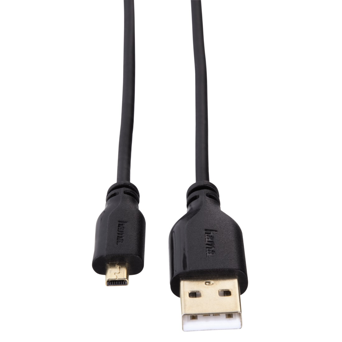 Een zwarte USB-kabel met een micro-USB-uiteinde en een standaard USB-uiteinde.