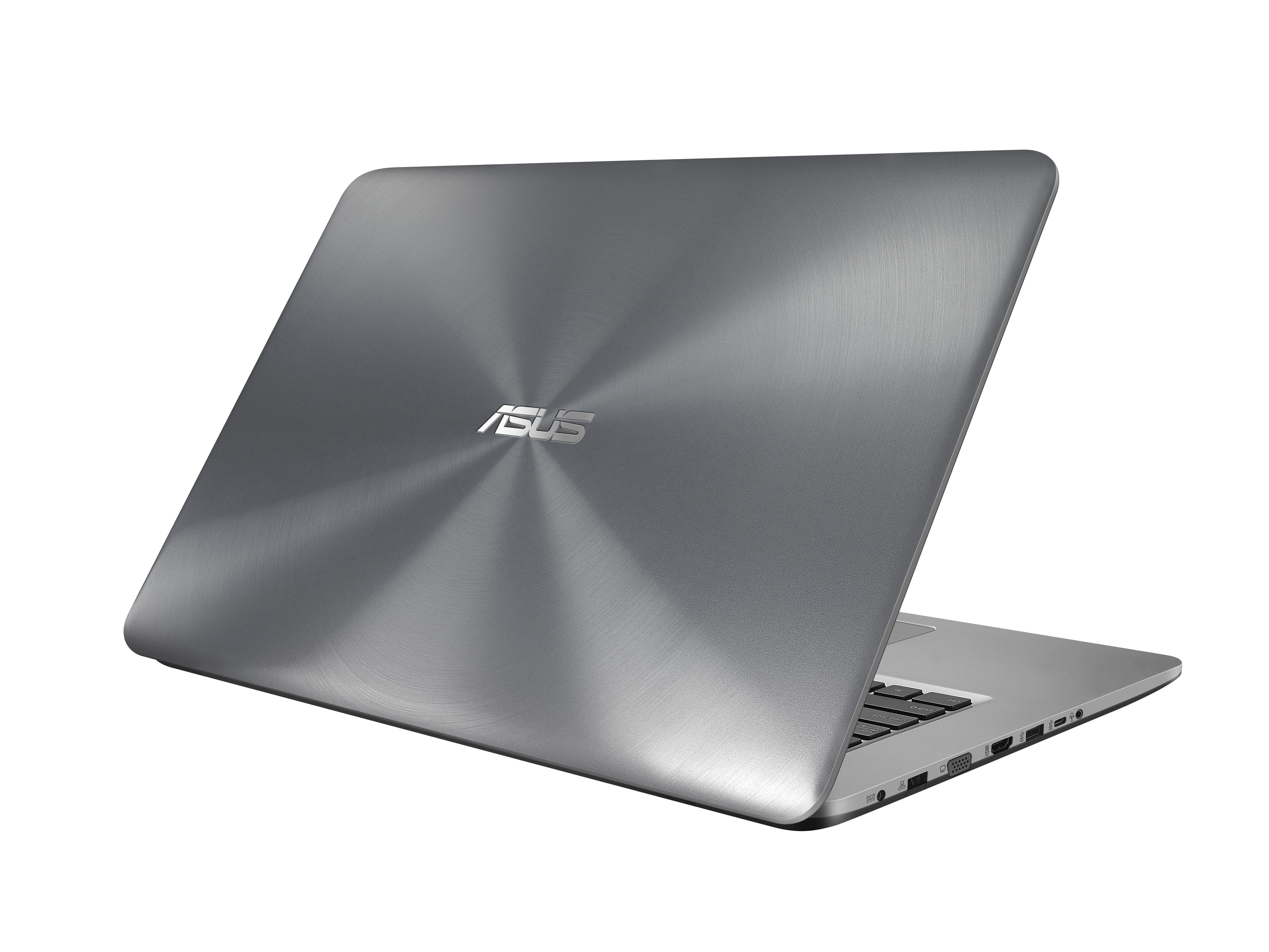 Ein silberner Laptop mit dem ASUS-Logo. Der Laptop ist geschlossen und angewinkelt, um die Rückseite zu zeigen.