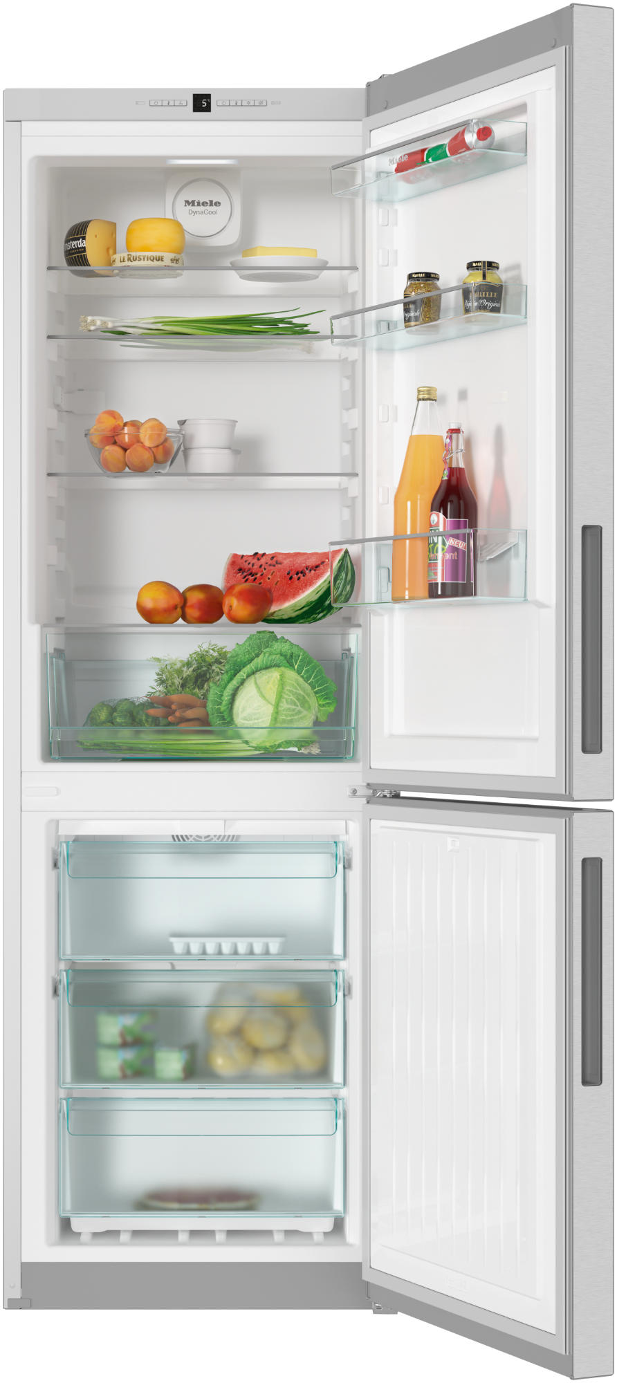 Ein Kühlschrank mit offener Tür, gefüllt mit Lebensmitteln wie Gemüse, Obst und Milchprodukten.