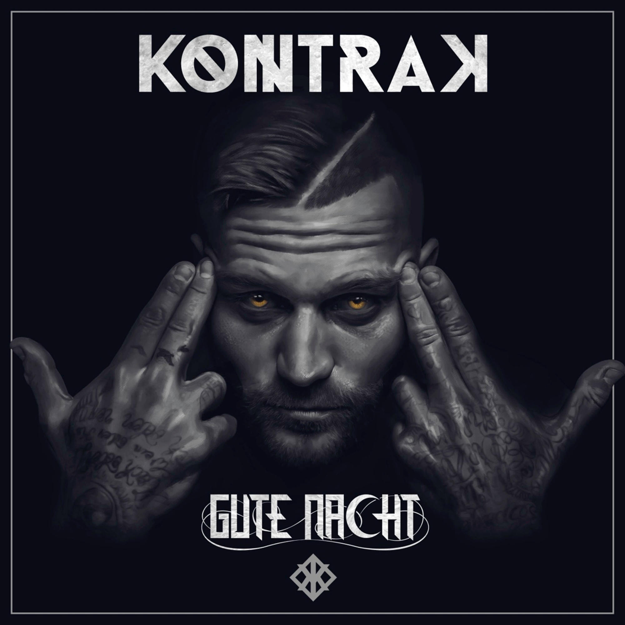 Mann mit Tattoos zeigt mit den Fingern auf seinen Kopf. Text oben und unten. Dunkler Hintergrund.