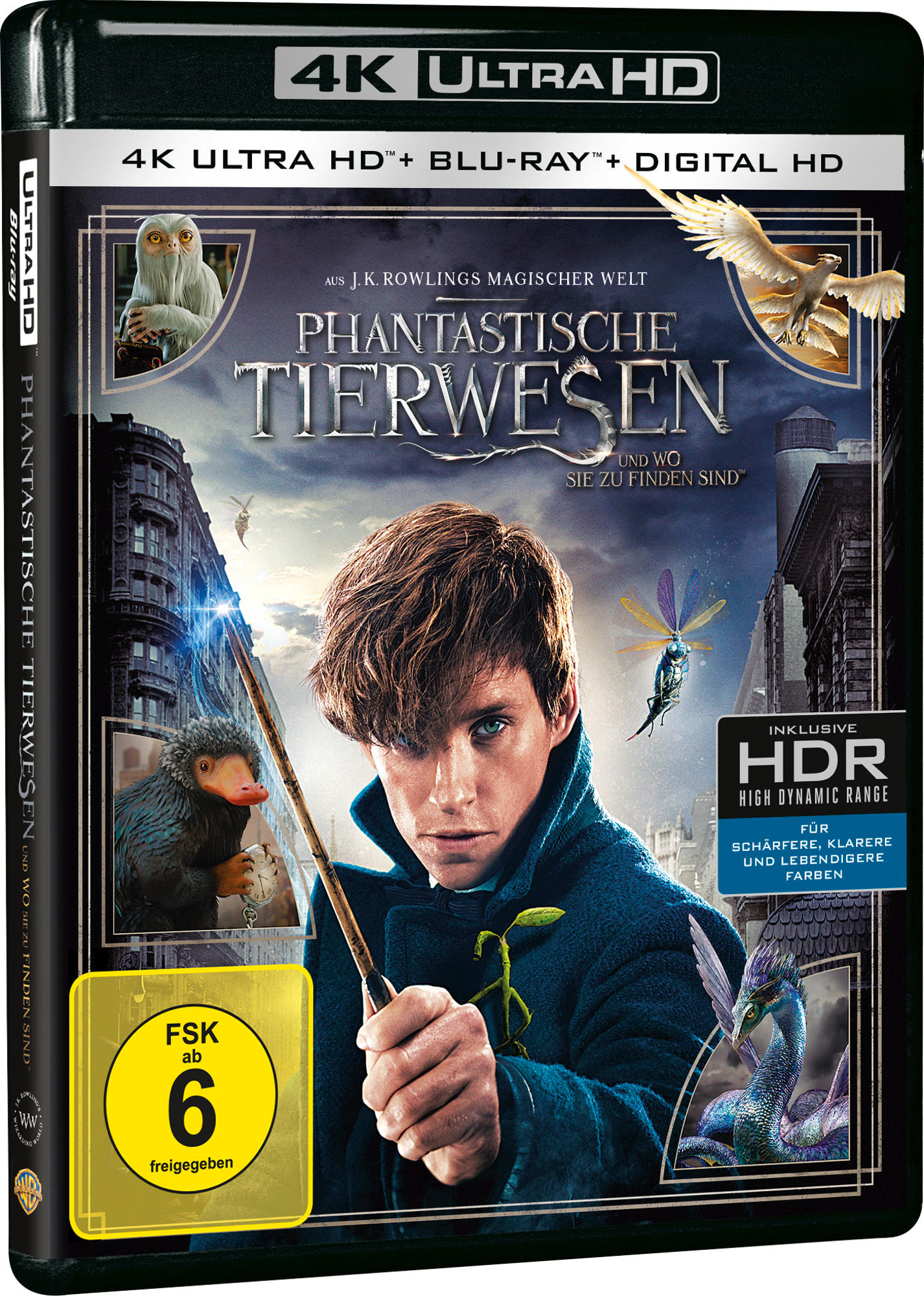 4K Ultra HD Blu-ray Filmcover. Zeigt einen Mann mit Zauberstab und fantastischen Kreaturen. Gelber Aufkleber.