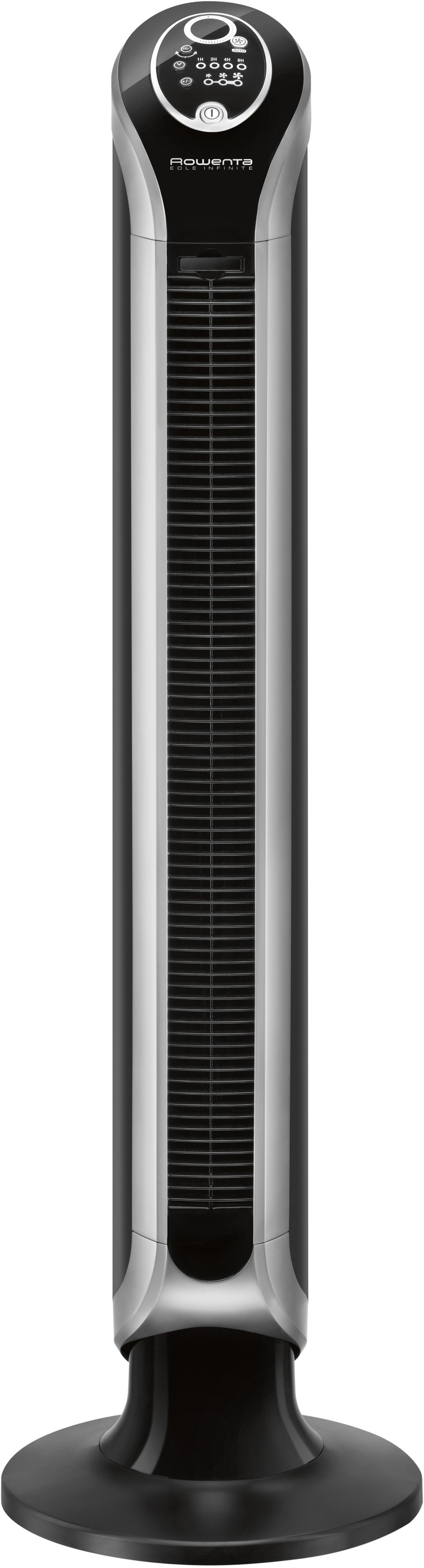 Ventilateur tour, noir et argenté. Il a un affichage numérique en haut et une base ronde.