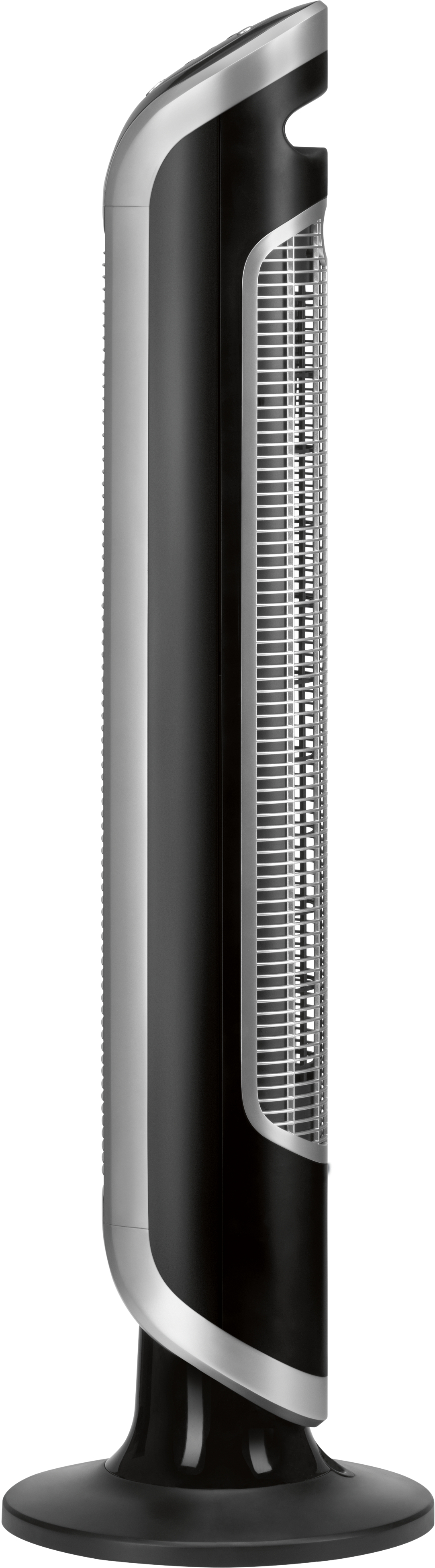 Ventilateur tour noir et argent sur une base noire. Le ventilateur a un design vertical avec une grille.