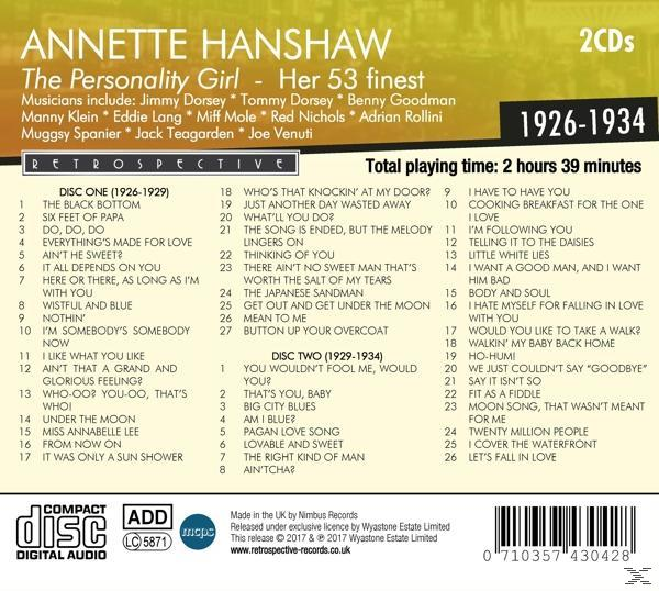Annette Hanshaw - The Personality Girl  - (CD)