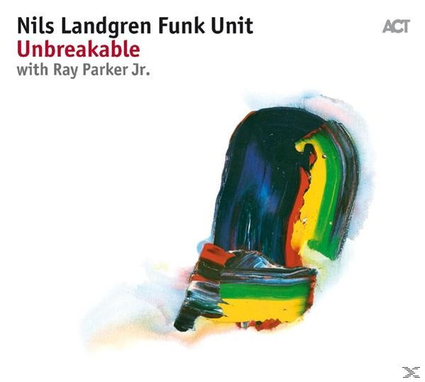 CD-Cover. Nils Landgren Funk Unit Unbreakable. Abstrakte Kunst aus bunten Farbstrichen.