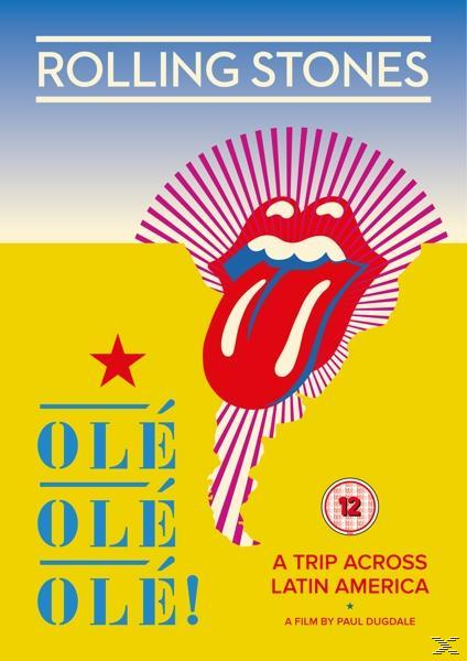 Plakat für Rolling Stones. Gelber und blauer Hintergrund. Zungenlogo. Text: Olé Olé Olé Olé! Eine Reise durch Lateinamerika.