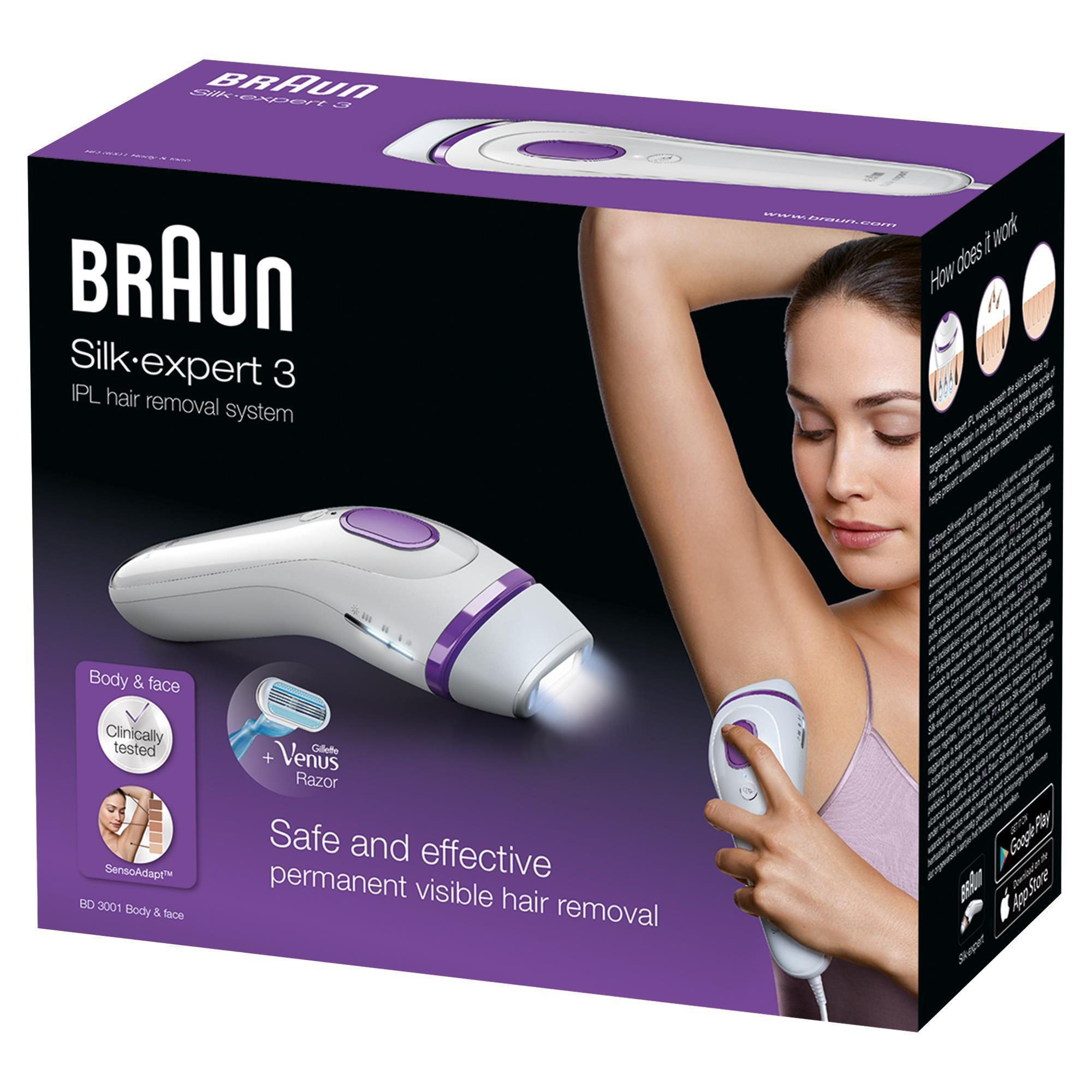 Braun Haarentfernungsproduktbox, die das Gerät und eine Frau, die es benutzt, zeigt.
