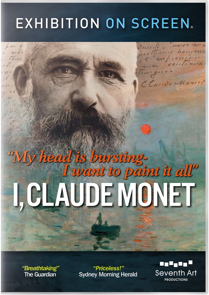 Poster für 'I, Claude Monet' mit Portrait und Text auf blauem Grund.