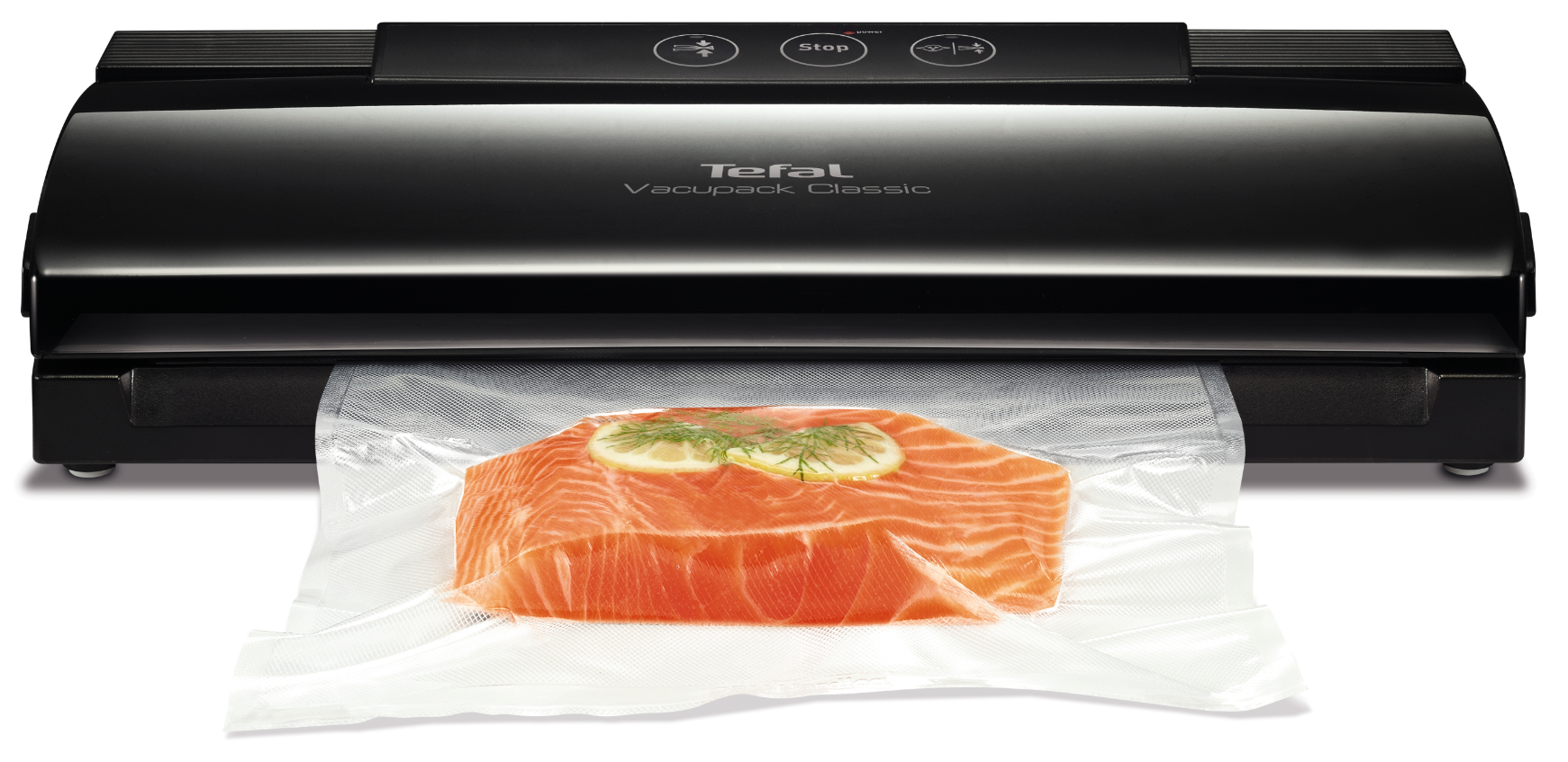 A black Tefal Vacupack Classic vacuum sealer with a salmon fillet sealed inside.