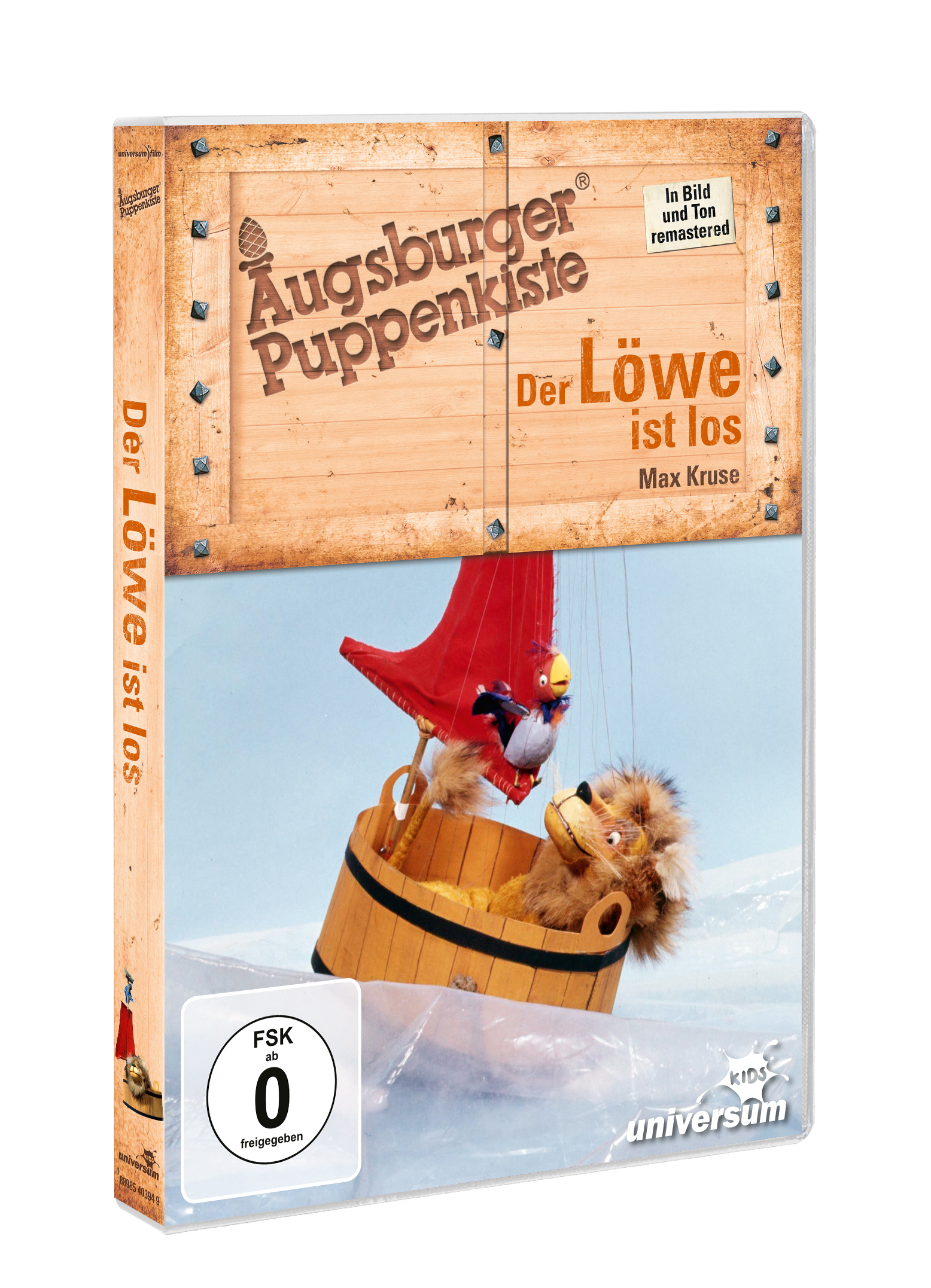 DVD-Hülle von 'Der Löwe ist los', ein Kinderfilm, mit einer Löwenpuppe in einem Holzeimer.