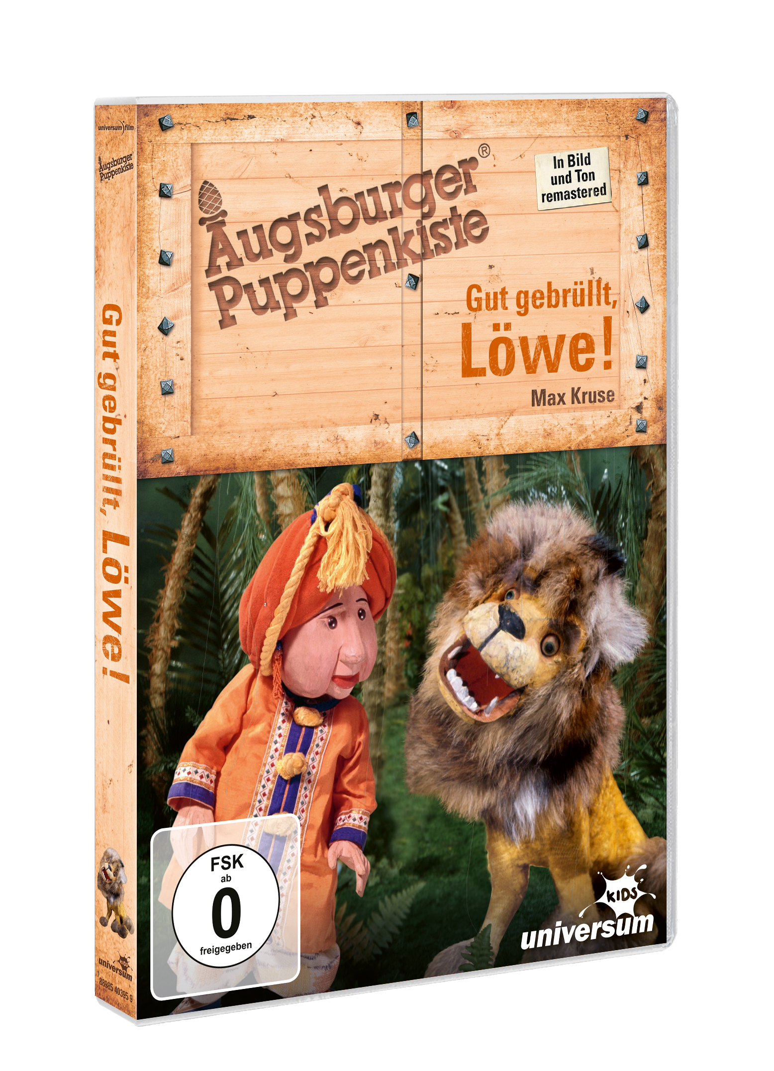 DVD-Cover für 'Augsburger Puppenkiste' mit Puppen eines Mannes und eines Löwen, mit deutschem Text.