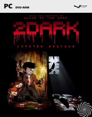 Game cover for 2Dark. A man with a gun and candle, two kids. Bloody floor. Dark background with a window and text.