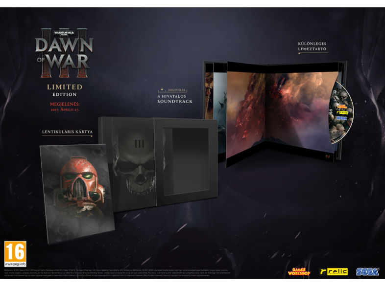 Warhammer III Dawn of War Limited Edition dobozkészlet, beleértve a játékdobozt, a művészetet és a CD-t. Fekete háttér.