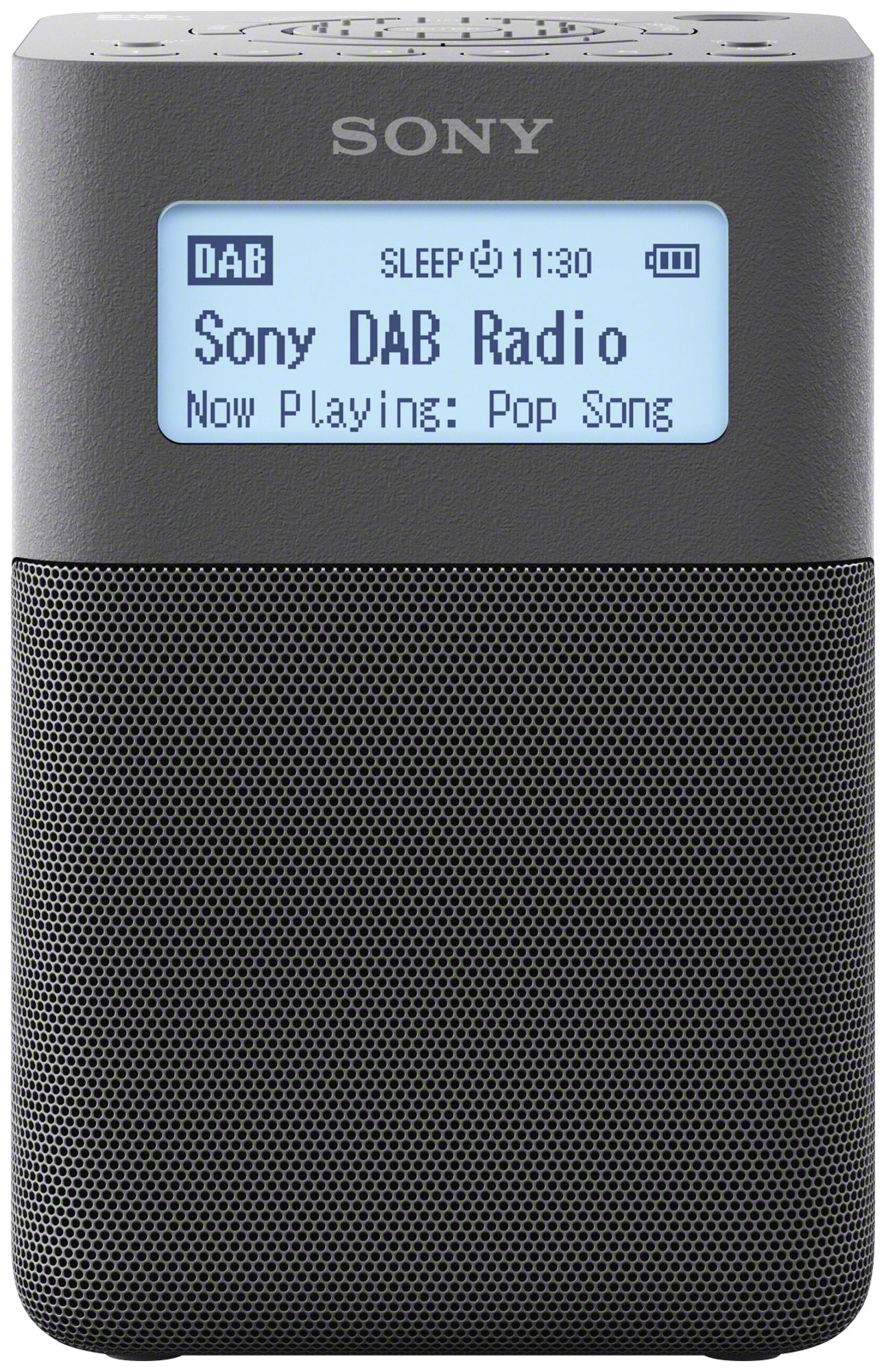 Radio DAB Sony gris foncé affiche 'Sony DAB Radio' et 'Now Playing: Pop Song'.