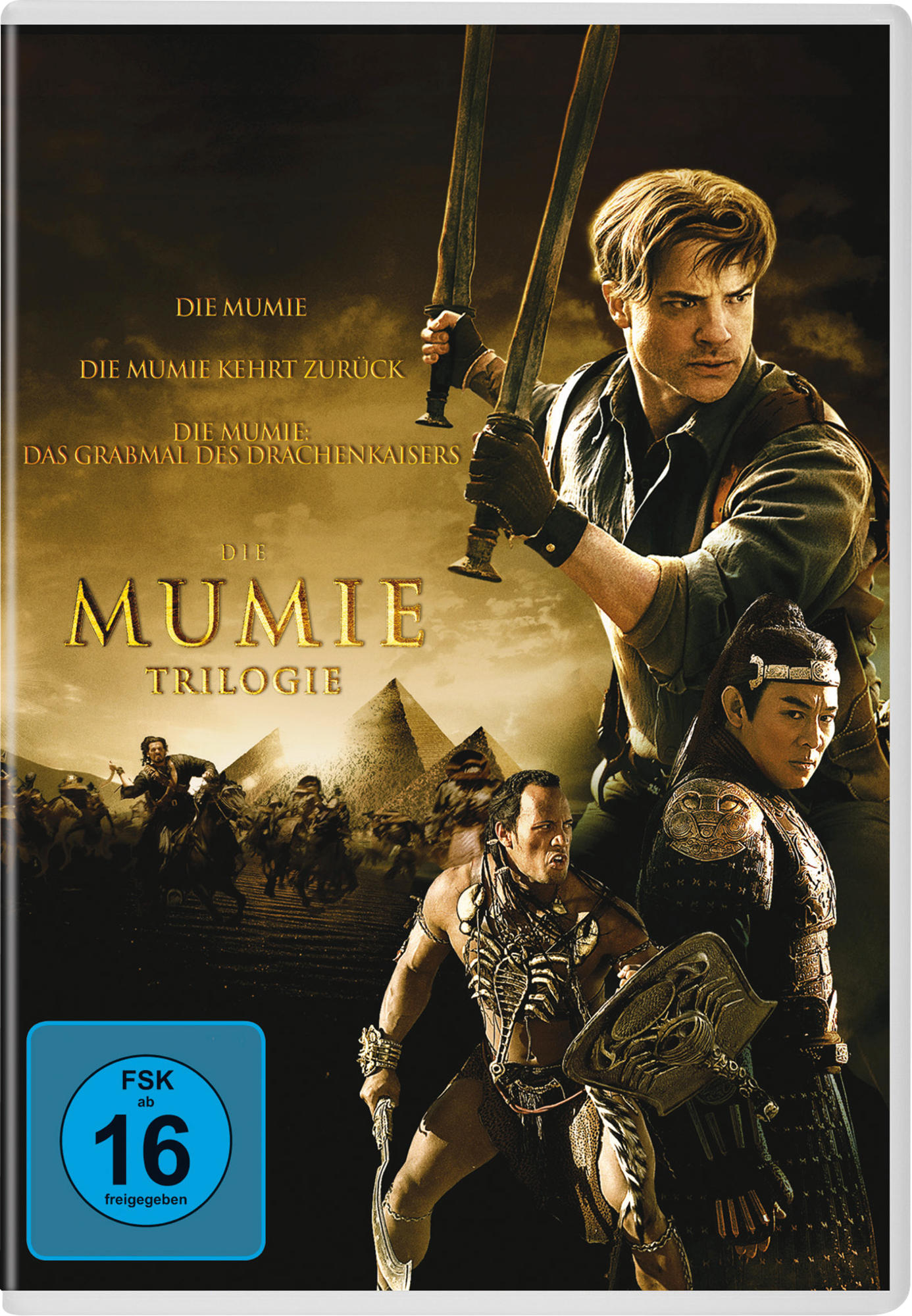 Filmcover: Schauspieler mit Schwertern und Pyramiden, der Titel 'Die Mumie Trilogie'.
