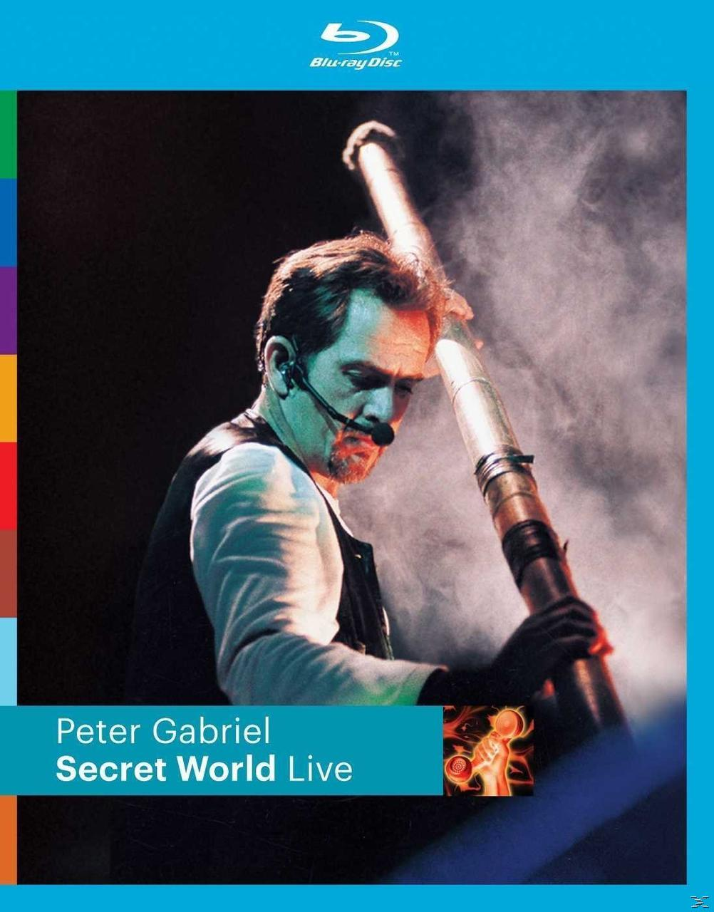 Peter Gabriel hält ein Didgeridoo auf einem blauen Blu-ray-Cover vor einer Bühne.