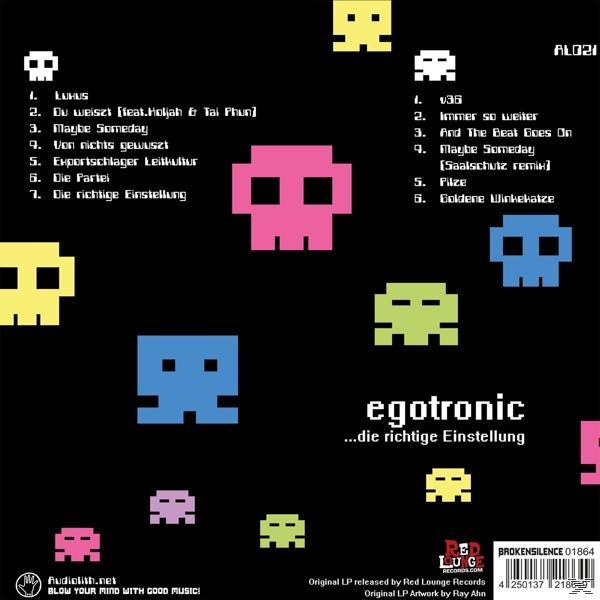 Albumcover mit pixeligen Totenköpfen. Titel: egotronic...die richtige Einstellung. Red Lounge Records Logo.