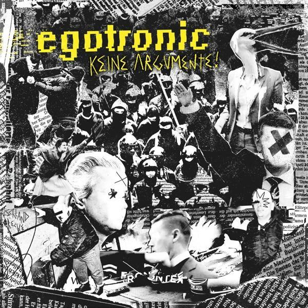 Albumcover. Gelber Titel 'egotronic' und Text. Schwarz-weiße Collage von Personen und Zeitungsausschnitten.