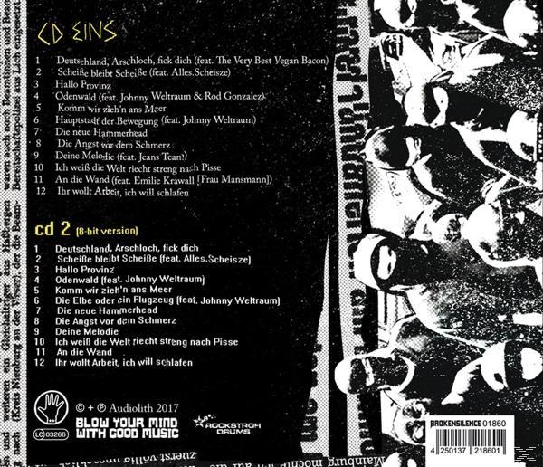 CD-Rückseite, schwarzer Hintergrund mit Songtiteln in Weiß und einer Handgrafik.