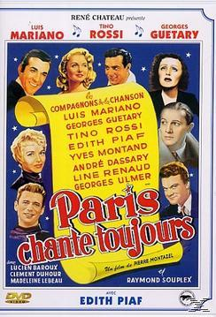 Vintage filmposter, "Paris chante toujours", met portretten van acteurs en tekst.