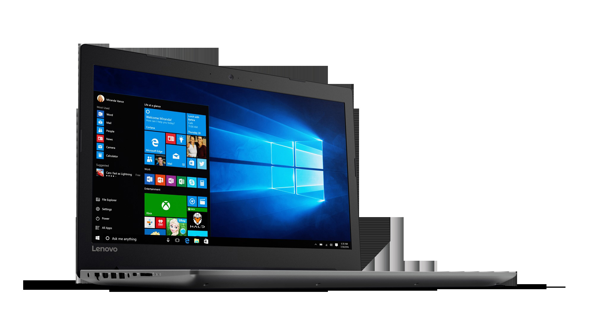 Ein Lenovo-Laptop, geöffnet, zeigt einen Windows-Desktop mit verschiedenen Anwendungssymbolen auf dem Bildschirm.