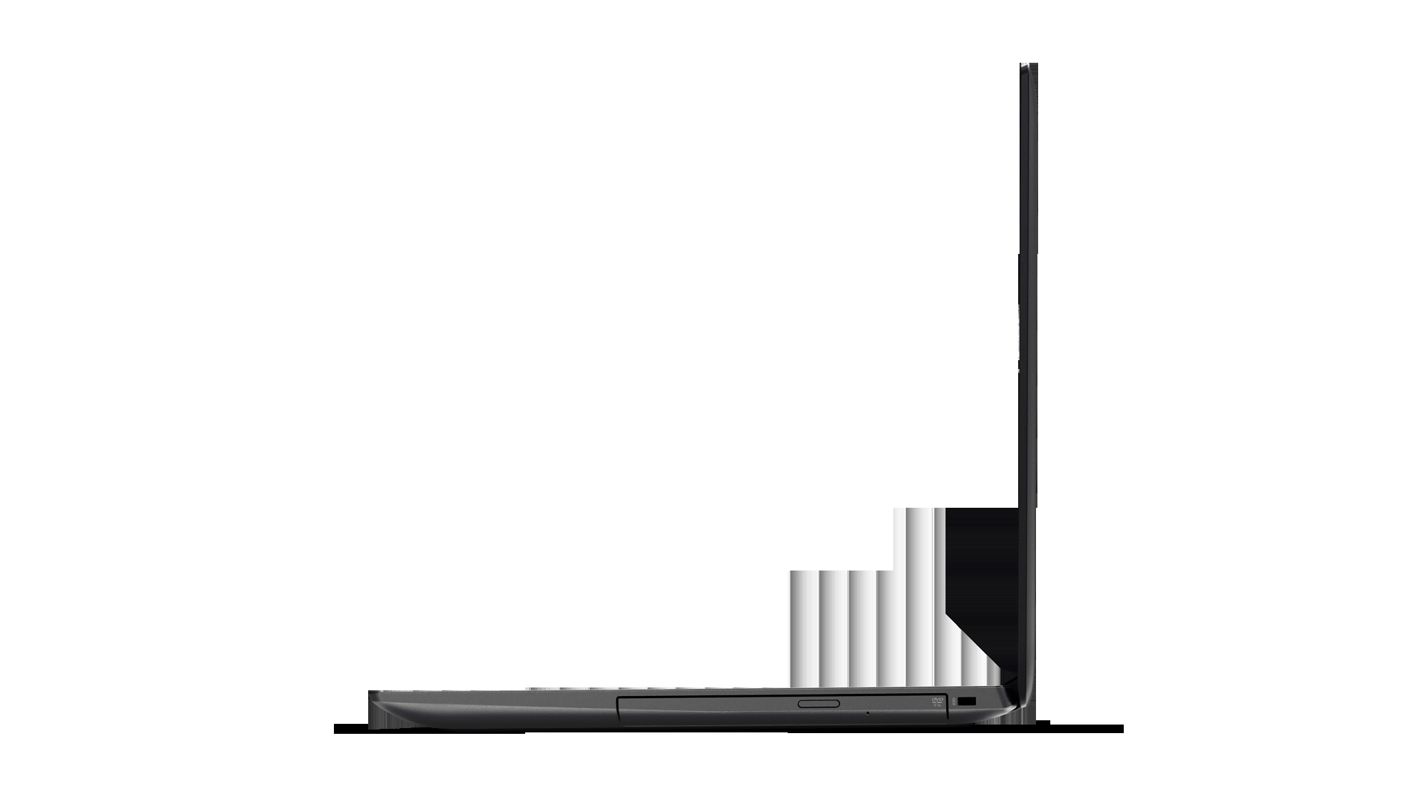 Seitenansicht eines schwarzen Laptops. Der Bildschirm ist vertikal, zeigt ein schlankes Design.