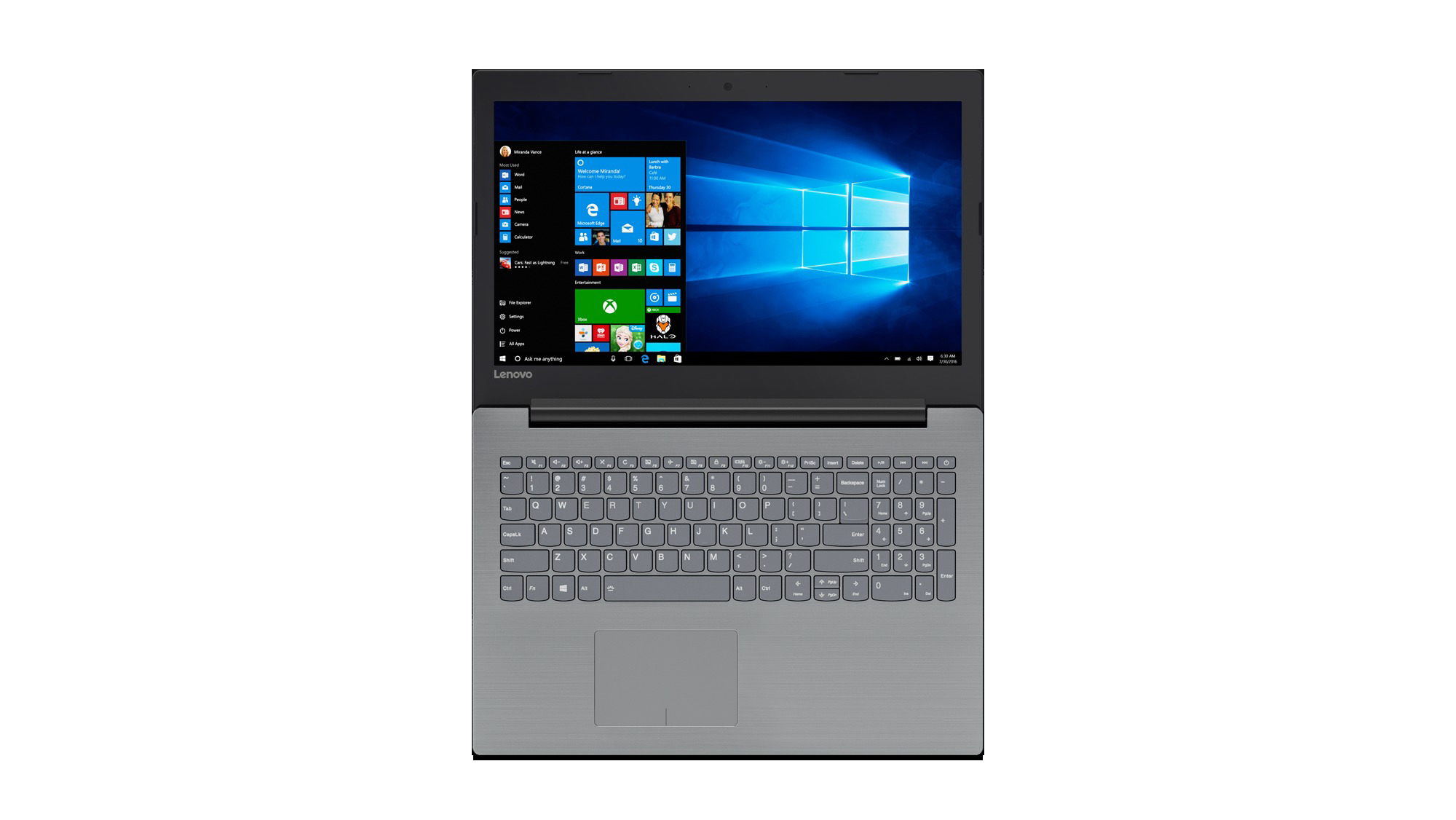 Laptop mit grauem Gehäuse und beleuchtetem Bildschirm mit Windows.