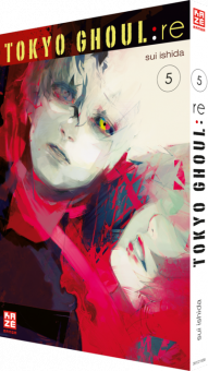Tokyo Ghoul:re Manga Band 5 Cover. Charaktergesichter, rot-weißes Farbschema. Weißer Hintergrund.