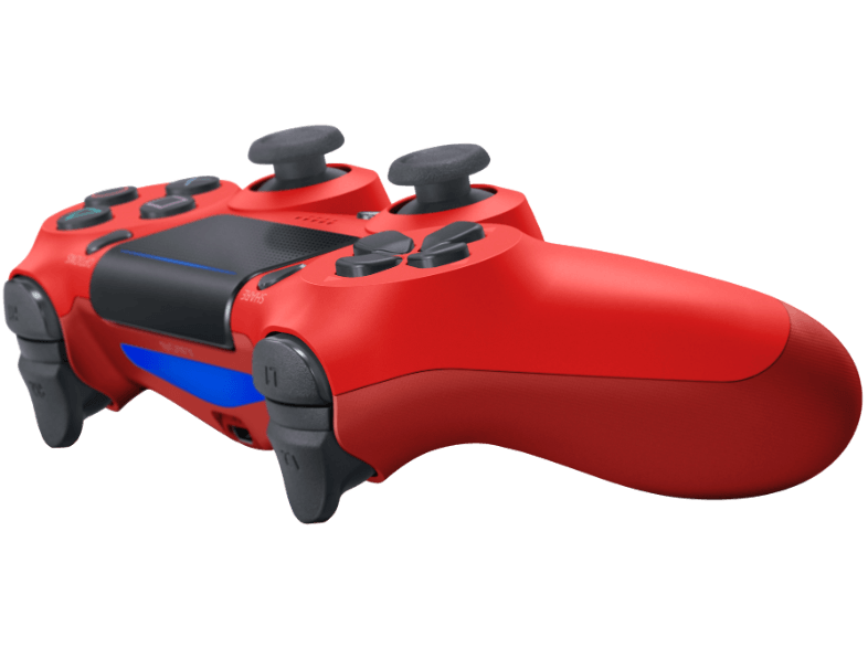 Piros PlayStation 4 kontroller, ferde nézet, fekete gombok, kék fény.