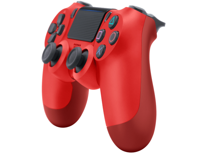 Piros PlayStation 4 kontroller. Gombok és joystickek. Fekete háttér.