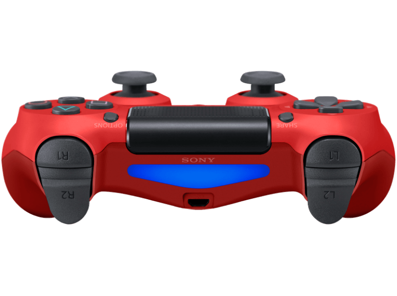 Piros PlayStation 4-es vezérlő fekete középpel. Sony logóval és gombokkal.