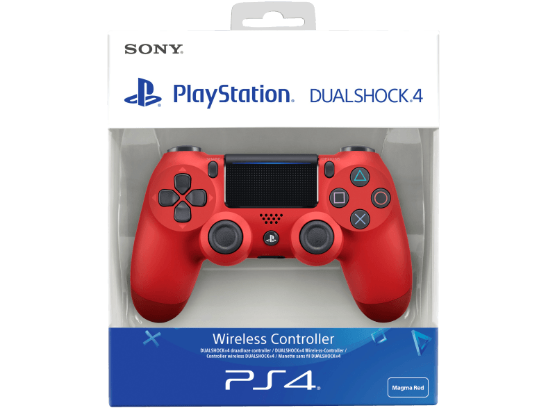 Egy piros Playstation Dualshock 4 vezérlő csomagolásban. PS4-hez, vezeték nélküli.