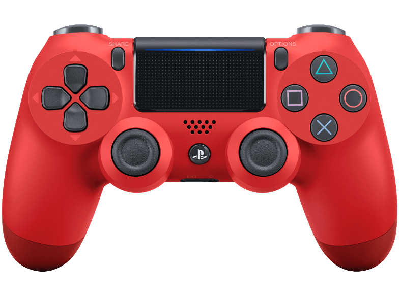 Piros PlayStation 4 kontroller fekete gombokkal és központi logóval.