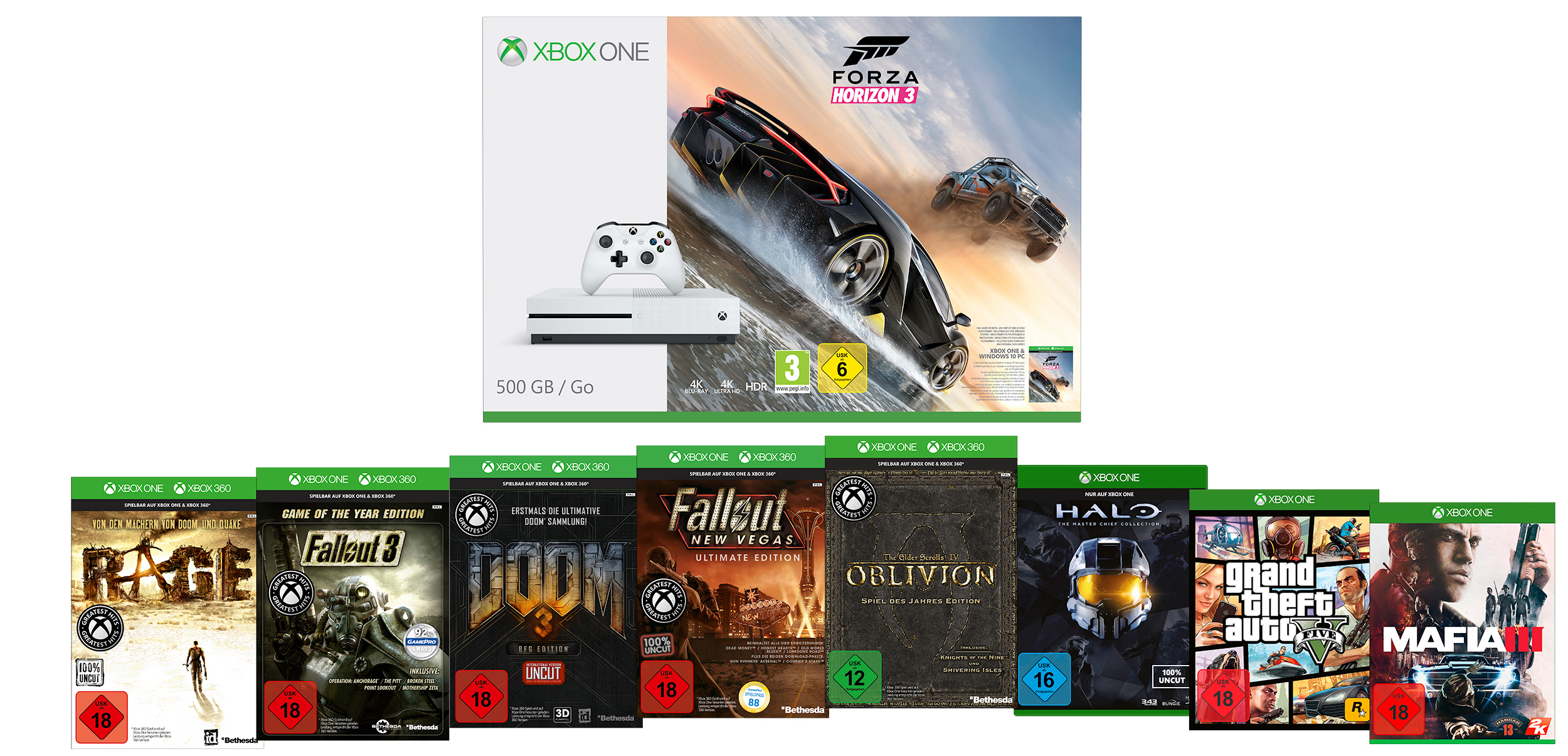 MICROSOFT Sparket: Xbox One S 500 GB inkl. 9 Spiele